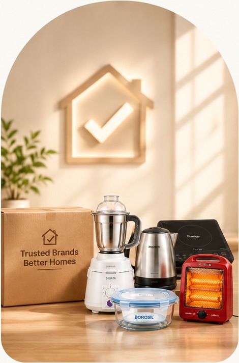 Sujata mixer grinder, kettle, Prestige induction cooktop, Havells room heater and Borosil container with a Trusted Brands Better Homes box