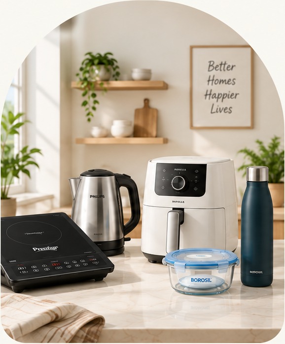 Sujata, Philips, Havells, Prestige and Borosil appliances on a kitchen counter